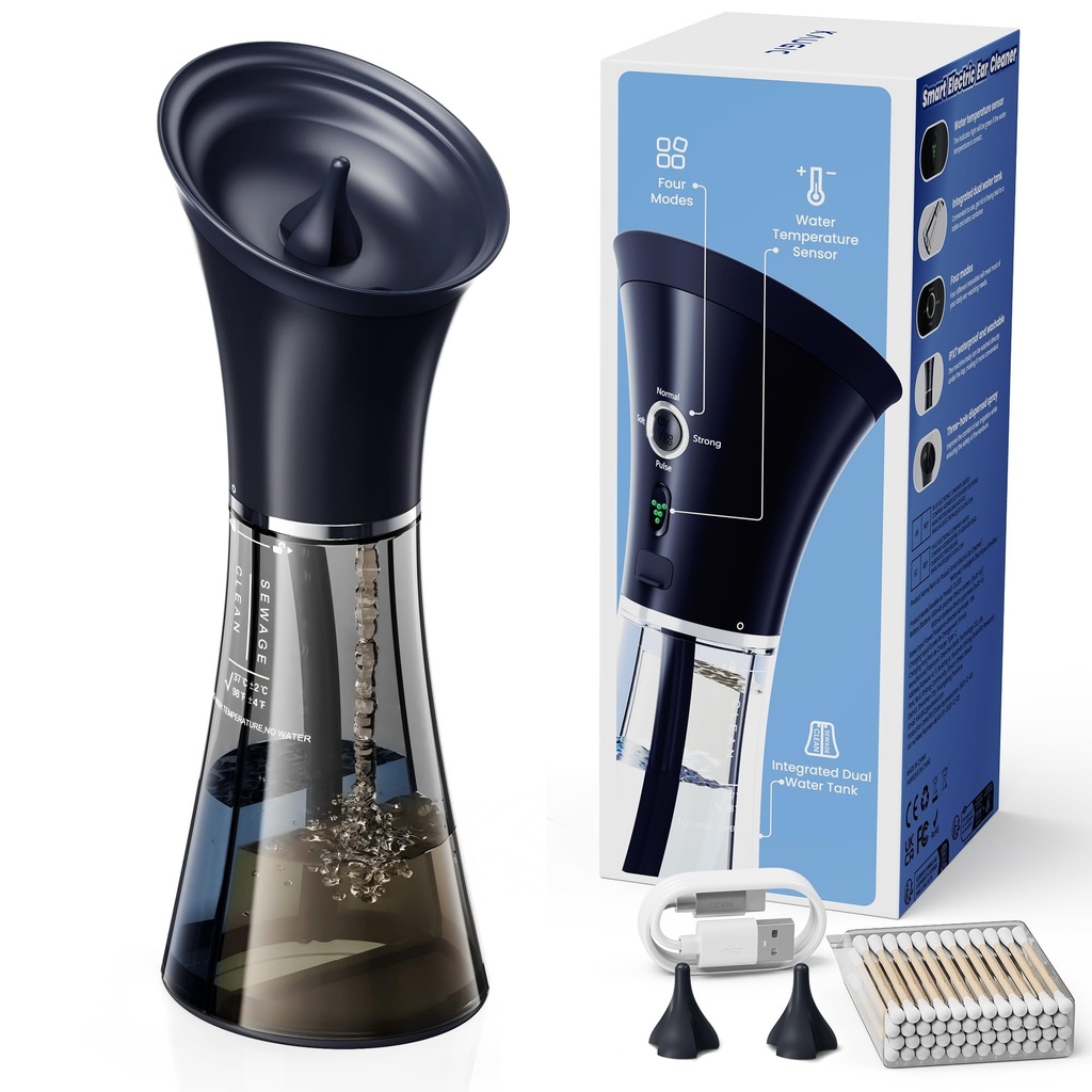 Ear Wax Removal, Self-Collecting Electric Flush Kit | Safe Ear Cleaner with Overheat Shutoff, One-Hand Operation, 4 Pressure Modes, Showerproof IPX7, FSA-HSA, Home Use