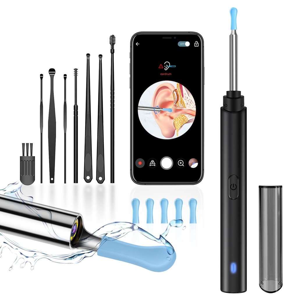 Ear Wax Removal, Ear Cleaner with Camera, Ears Wax Removal Kit with 1296P HD Ear Otoscope with 6 LED Lights, Earwax Removal Tool for iPhone, iPad & Android Smart Phones (Black, Standard)
