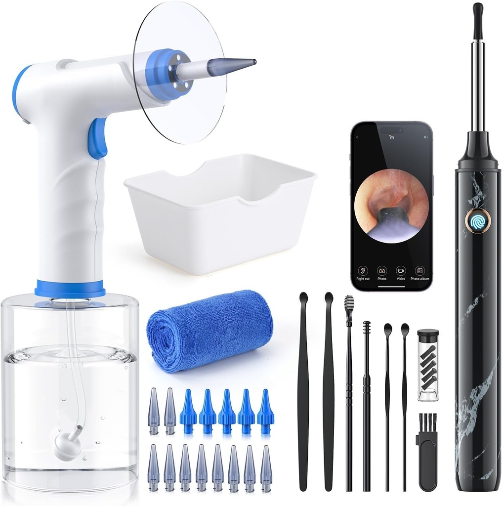 Earwax Removal - Electric Ear Irrigation Kit with 4 Pressure Modes, Ear Cleaner with Camera, 1080P Otoscope, Ear Cleaning Tool with 7-Piece Set, Earwax Removal Kit for Daily Cleaning(White)