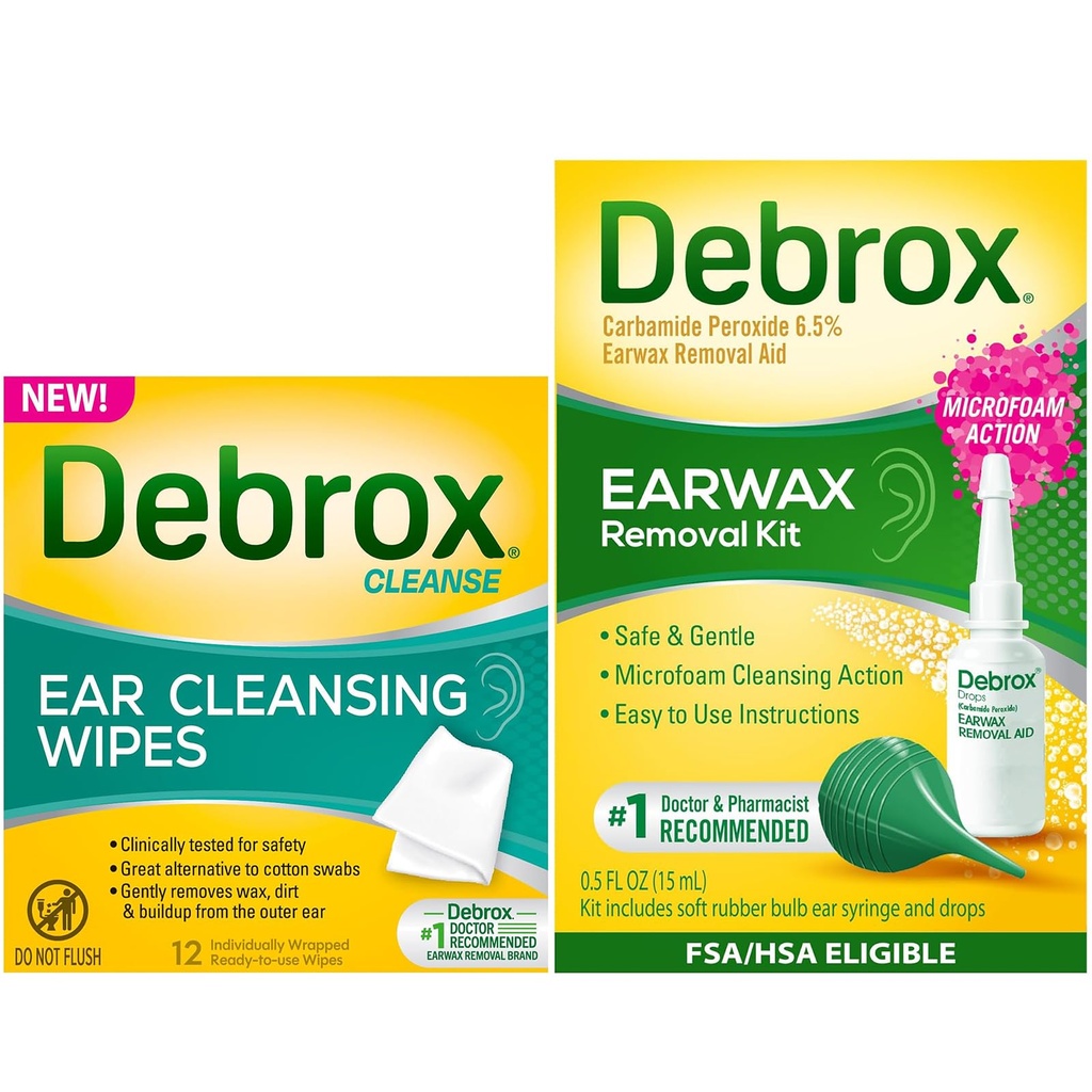 Debrox Ear Cleansing Wipes and Removal Kit, 12 Individually Wrapped Ear Cleaner Wipes, Bulb Syringe & 0.5 Fl Oz Ear Wax Removal Drops