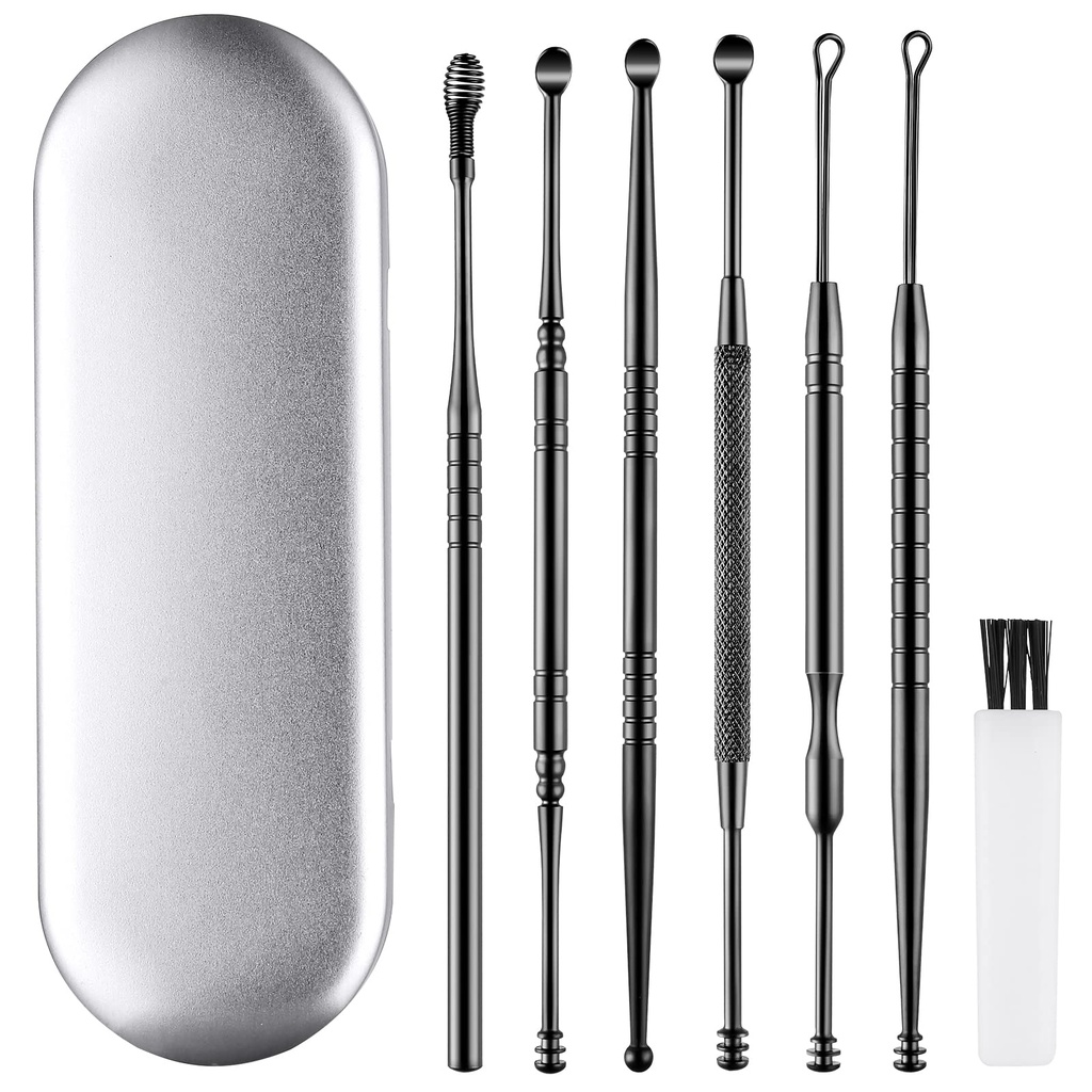 Ear Wax Removal Kit Ear Wax Cleaner Ear Wax Remover Black | 6 Pcs Ear Cleaner Stainless Steel Ear Cleaning Kit Spoon and Curette for Adults Reuse Daily Home and Travel Use