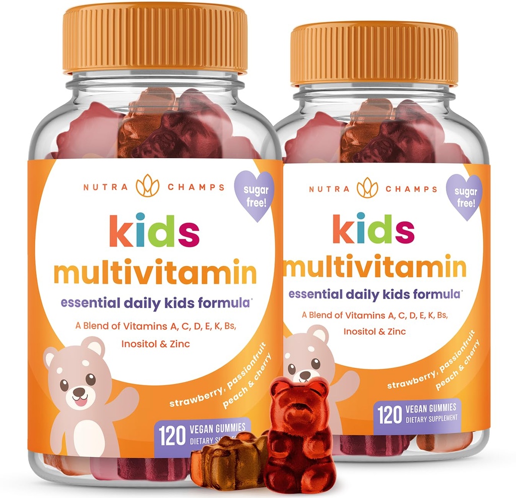 NutraChamps 120 Gummy Vitamins for Kids (Pack of 2), Sugar Free Kids Vitamins Gummy Multivitamin, Vegan & Non-GMO, Strawberry, Passionfruit, Peach & Cherry