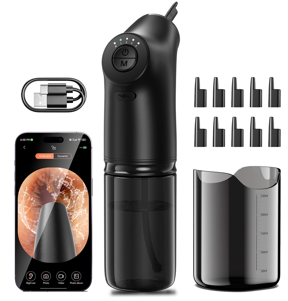 Smart 1080P Visual Ear Irrigation Kit for Adults, 4 Working Modes | FSA & HSA eligible, 10 replaceable ear tips, portable home ear wax irrigation cleaner