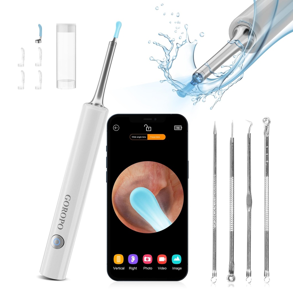 Ear Wax Removal, Ear Cleaner with HD Ear Camera, Wireless Ear Otoscope Earwax Remover Kit with 4 Ear Pick & 6 LED Lights, Ear Cleaning Tool for iOS & Android, White
