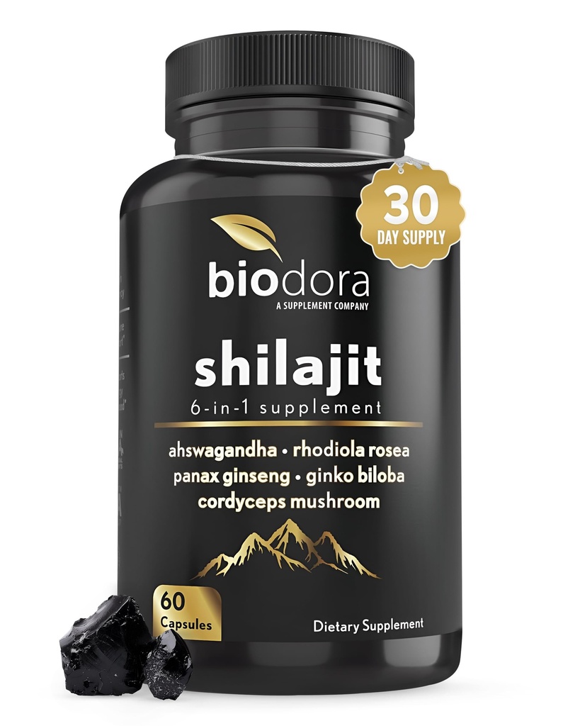 6-σε-1 Shilajit συμπλήρωμα στήριξης 300mg, Mood και ενέργειας με 60mg καθαρό Ashwagandha, Rhodiola Rosea Panax Ginseng για ανοσοποιητική υποστήριξη, μνήμη και εστίαση, 85+ ορυκτά ίχνη, 60 κάψουλες