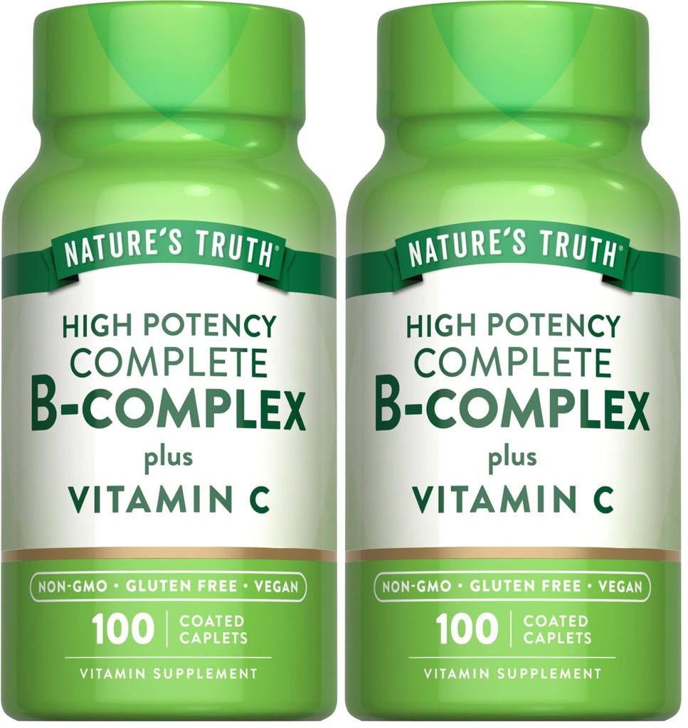 Nature's Truth Vitamin B Complex Plus Vitamin C | 100 Caplets | Vegan, Non-GMO & Gluten Free Supplement (Pack of 2)