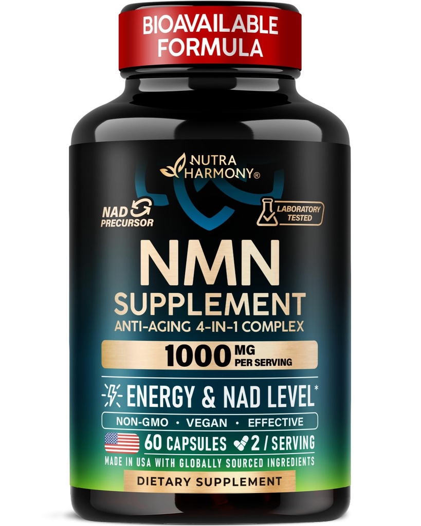 NMN Supplement - NMN w/ Resveratrol, TMG & Lycopene 1000mg - 60 Caps | NAD Level & Energy Production Support - Anti-Aging & Skin Health - Pure & Laboratory-Tested Nicotinamide Mononucleotide
