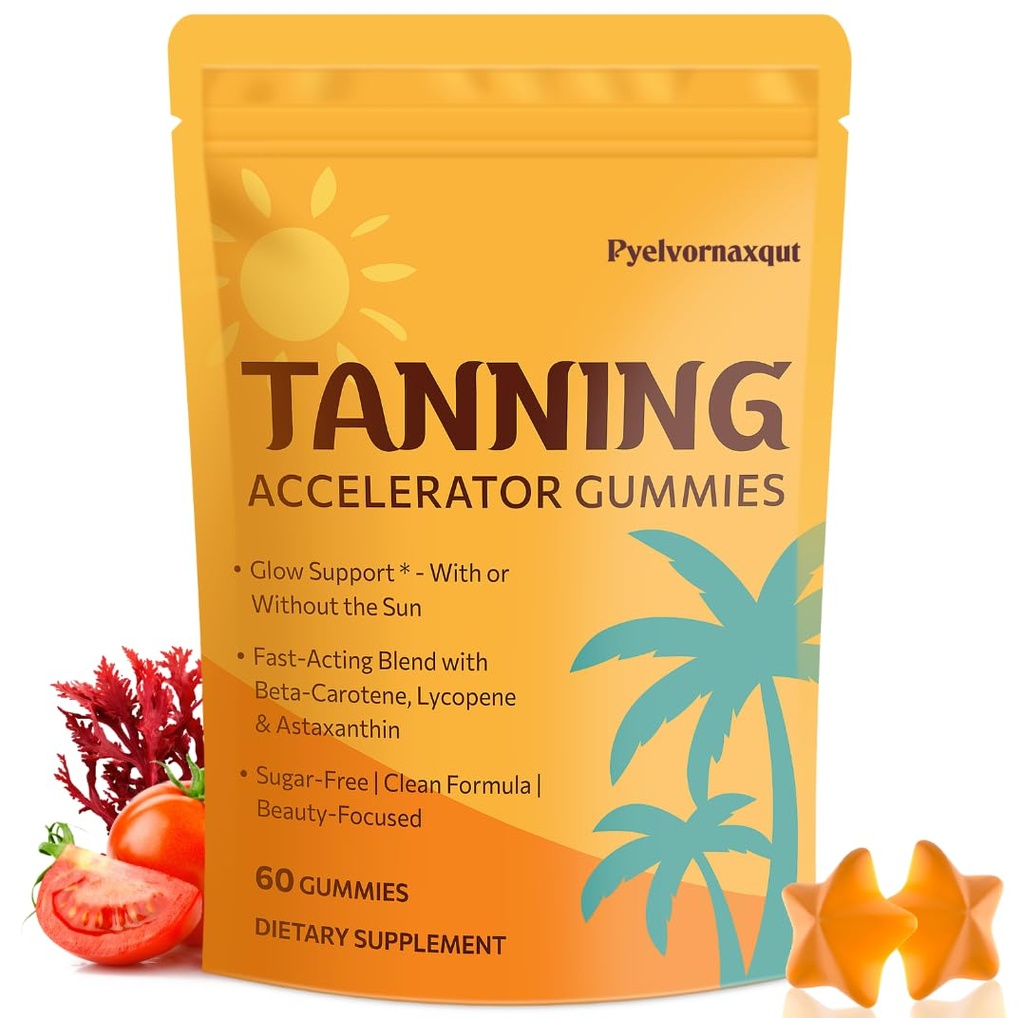 Tanning Gummies with Astaxanthin – Golden Glow & Skin Radiance – 60 Count | Sunless Tanning Supplement with Beta Carotene, Lycopene & L-Tyrosine for Women & Men – Vegan & Sugar Free