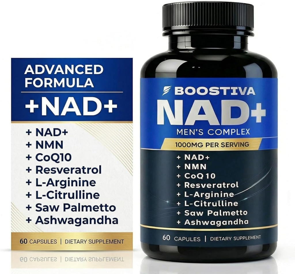 Boostiva NAD+ Plus Supplements for Men, with Resveratrol, CoQ10, L Citruline and Lycopene, Anti-Aging, Stamina, xkq NAD Supplement 60 Capsules