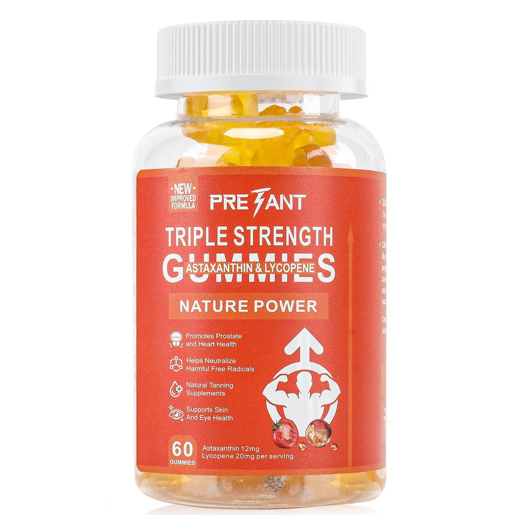 PRETANT- Prostate Health Supplements for Men, Astaxanthin + Lycopene Gummies – Antioxidant Supplement for Prostate & Heart Health, Natural Tanning Supplement, Eye & Skin Support – 30 Servings, Vegan