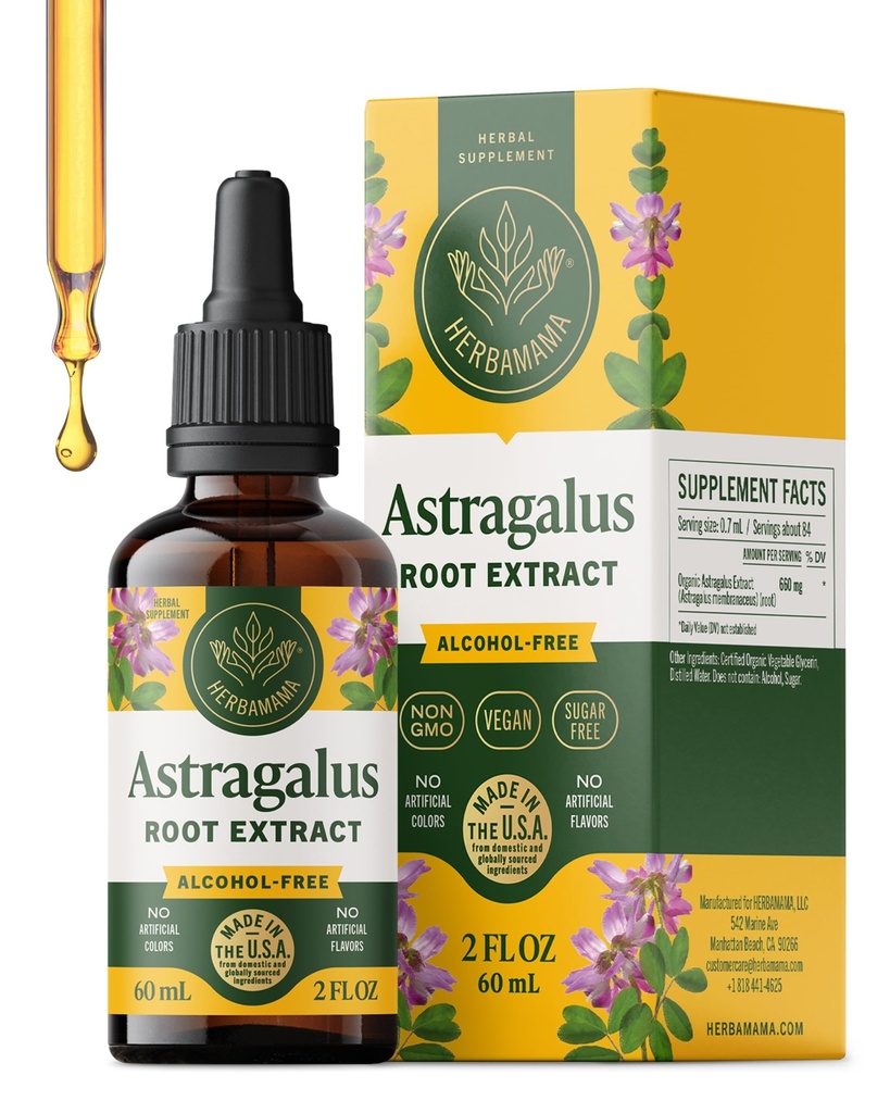 HERBAMAMA Astragalus Root Supplement - Immune & Energy Support | Astragalus Extract • Energy Supplement • Non-GMO • Alcohol & Sugar-Free • Vegan • Liquid Formula • 28-Day Supply • 2 fl oz