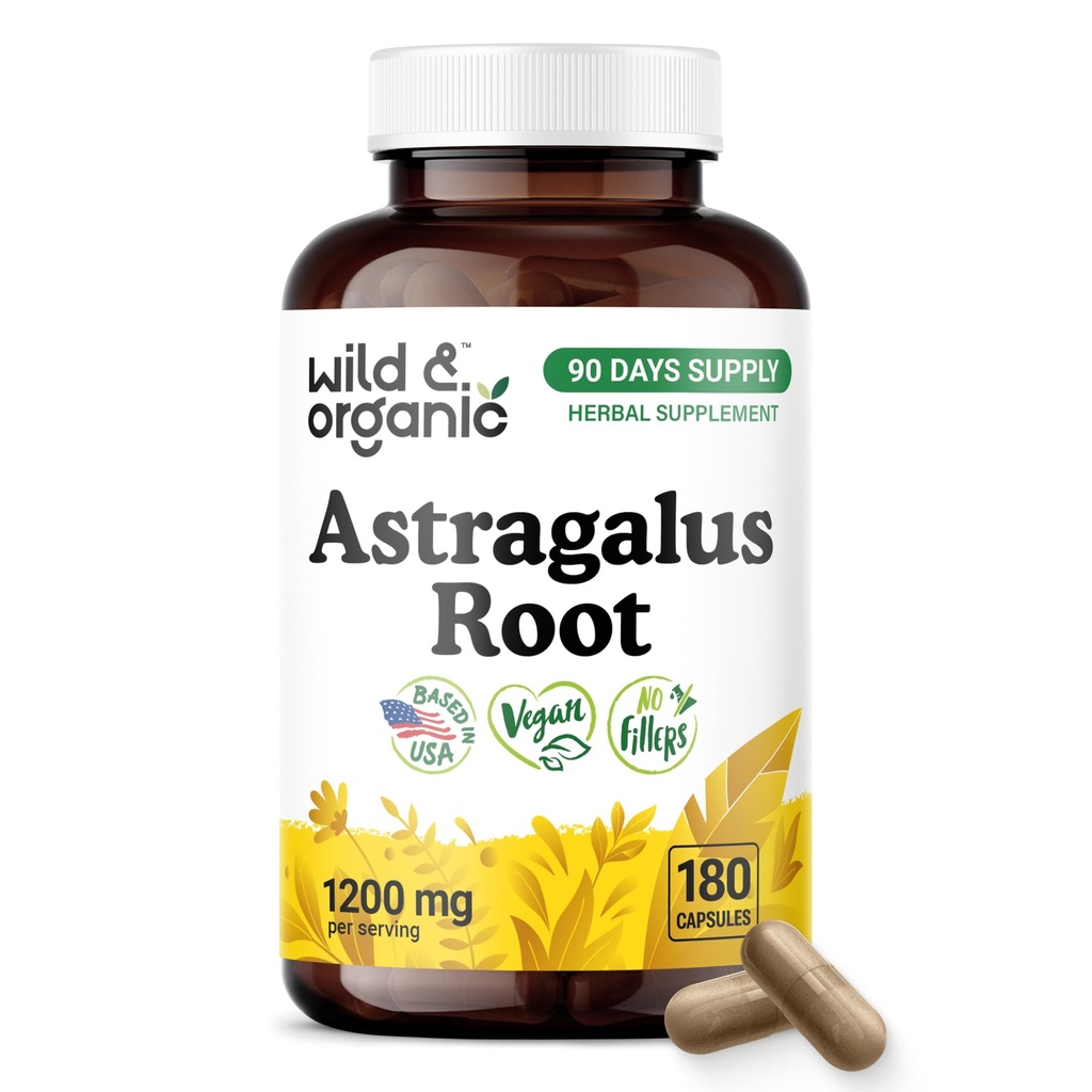 Wild & Organic Astragalus Capsules 1200 mg - Immune Support - 180 Count | Astragalus Root Supplement - 90 Days of Supply - Vegan, No Fillers, No Artificial Additives
