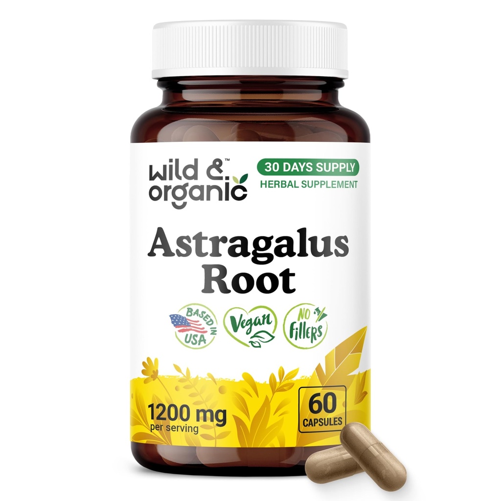 Wild & Organic Astragalus Capsules 1200 mg - Immune Support - 60 Count | Astragalus Root Supplement - 30 Days of Supply - Vegan, No Fillers, No Artificial Additives