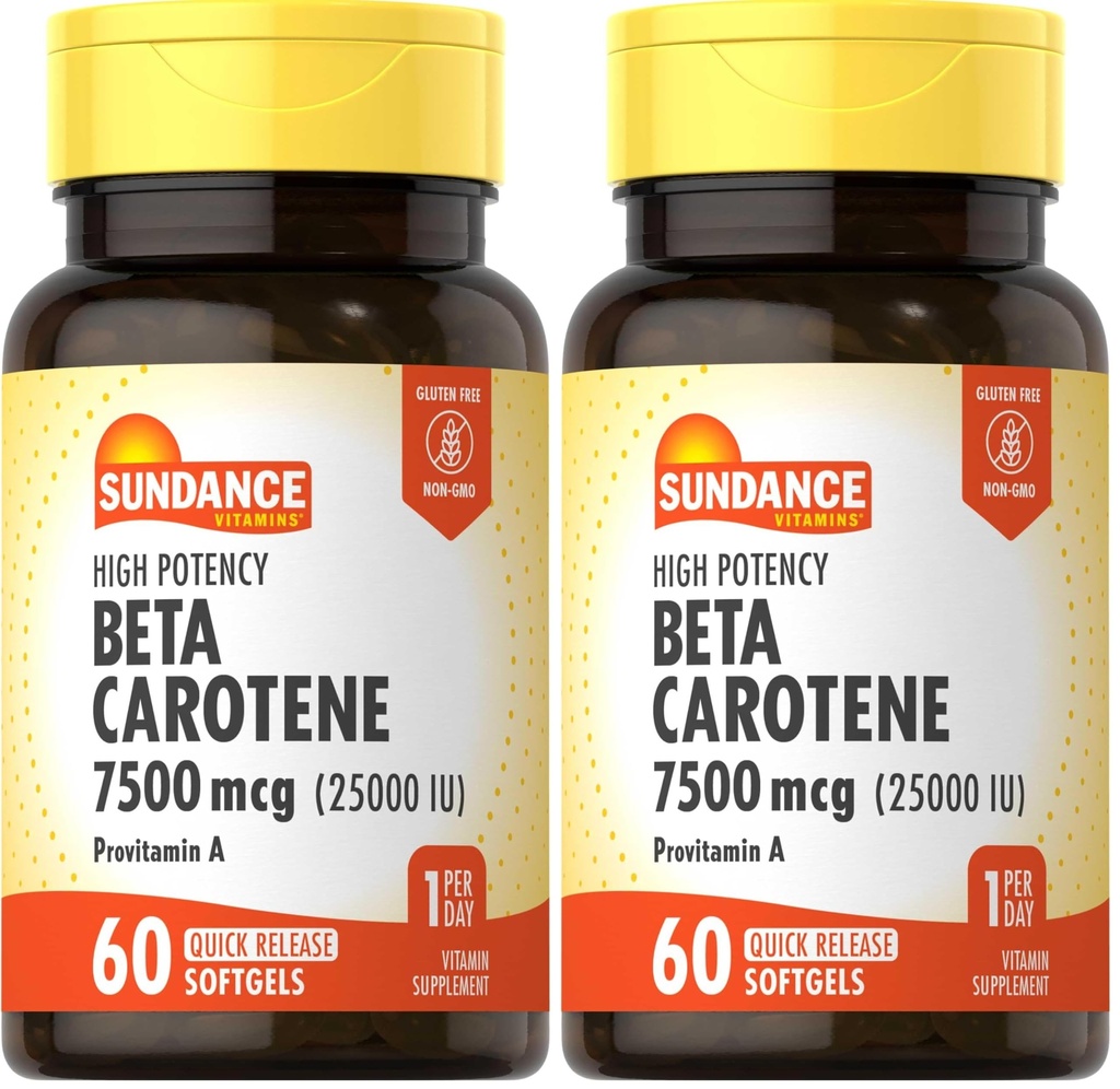 Sundance Beta Carotene 7500mcg | 60 Softgels | Provitamin A | High Potency Formula | Non-GMO and Gluten Free Supplement (Pack of 2)