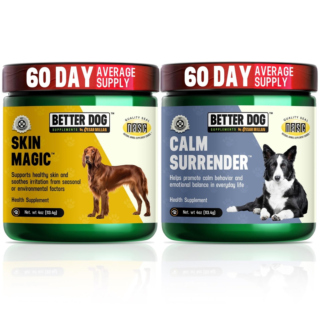 Better Dog Supplements Calm & Skin Wellness Bundle by Cesar Millan – Dog Calming Support + Skin & Coat Support for Itch & Irritation – Natural Herbal Powder, 4oz Each
