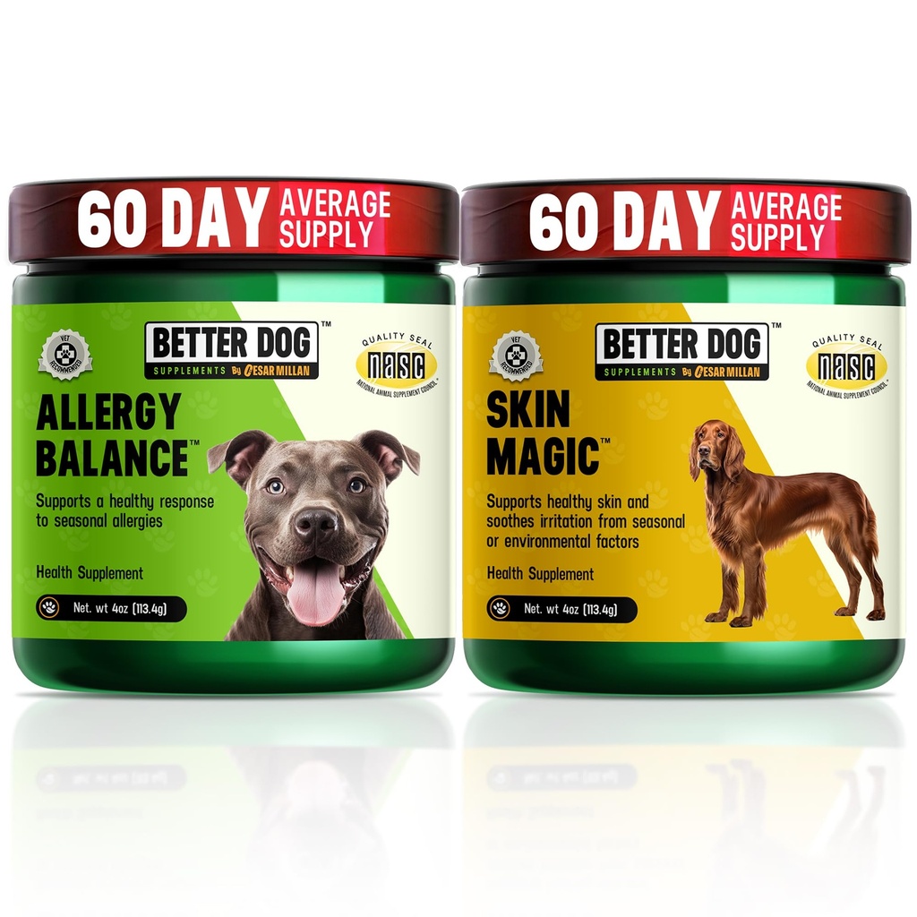 Better Dog Supplements Skin & Seasonal Wellness Bundle by Cesar Millan – Dog Skin & Coat Support + Seasonal Support Formula – Natural Herbal Powder for Dogs, 4oz Each