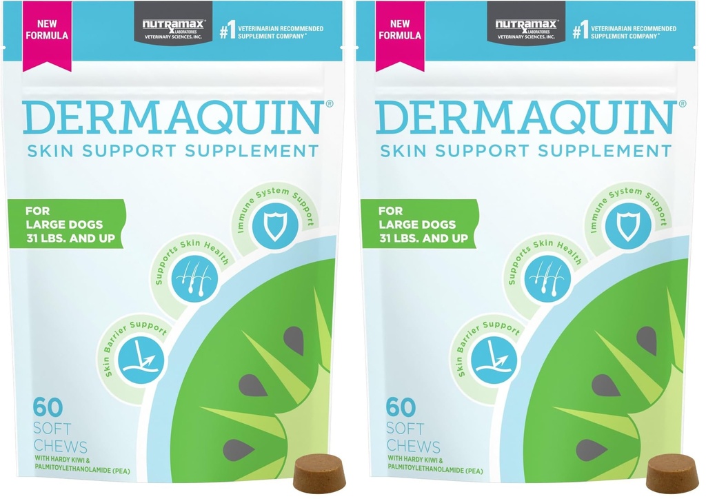 Nutramax Dermaquin Skin Support Supplement for Large Dogs, Supports Healthy Response to Allergens, with Hardy Kiwi, Omega-3s, and More, Tasty Soft Chews, 60 Count (Pack of 2)