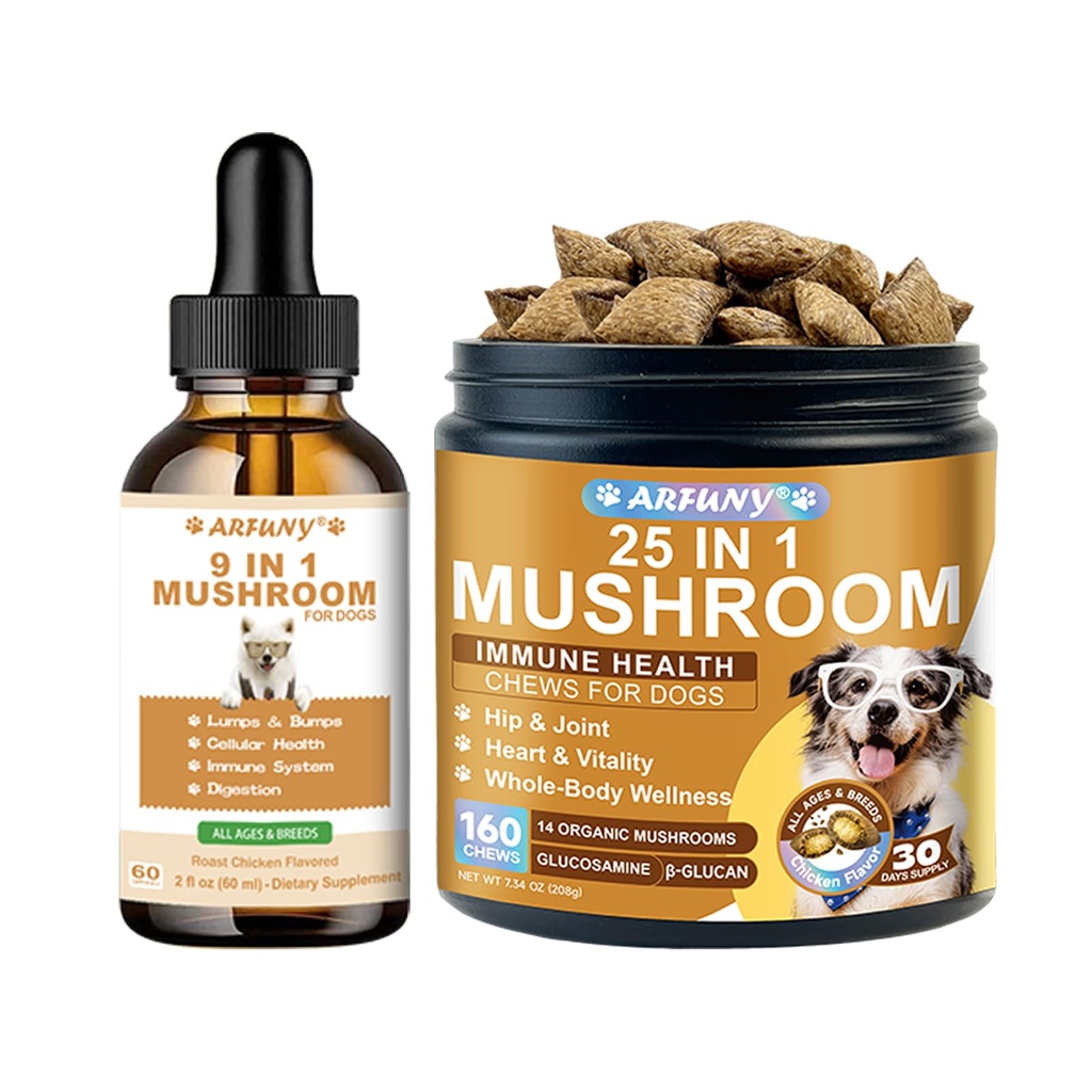 Dog Mushroom Drops & Dog Mushroom Chews - Lumps and Bumps Treatment - Digestive, Cellular, Immune Health Support