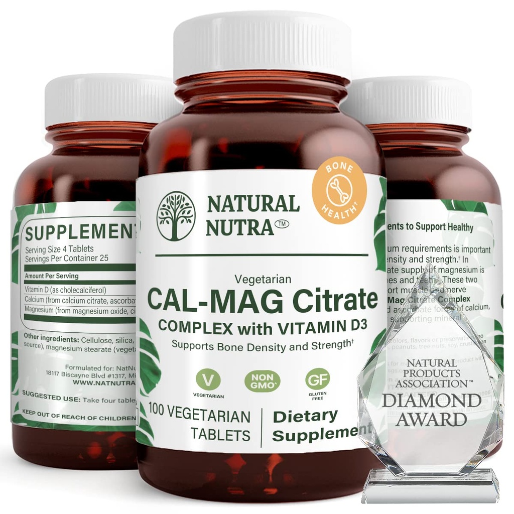 Natural Nutra Cal-Mag Citrate with Vitamin D3,1000/500 mg Complex, Ενίσχυση της πυκνότητας των οστών, των μυών και των νεύρων υγεία, Βοήθεια για τη διατήρηση των υγιεινών δοντιών, εξαιρετικά βιοδιαθέσιμες πηγές, 100 Vegan δισκία