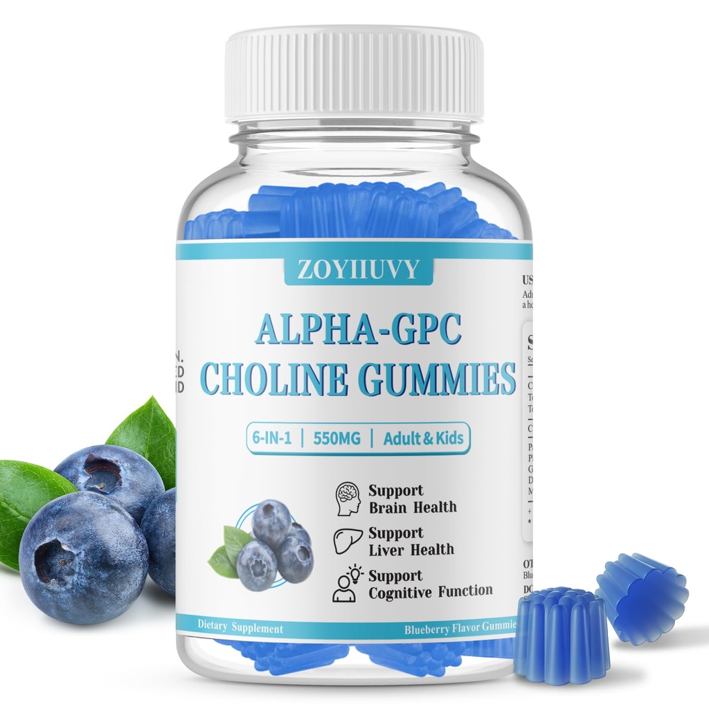 Choline Gummies (ALPHA GPC) 550mg, Brain & Liver, Adults & Kids, 60 Count | Choline Supplements with DHA, Vitamin B5, Liver, Brain & Cognition Health, Focus & Energy, Vegan, Sugar-Free, BlueberryFlavor