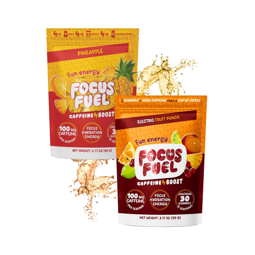 FocusFuel Energy Chews Variety Pack – Pineapple & Fruit Punch Flavors (2-Pack, 30 Servings Total) – 100mg Natural Caffeine + Nootropics – Smooth Energy & Focus – No Crash or Jitters
