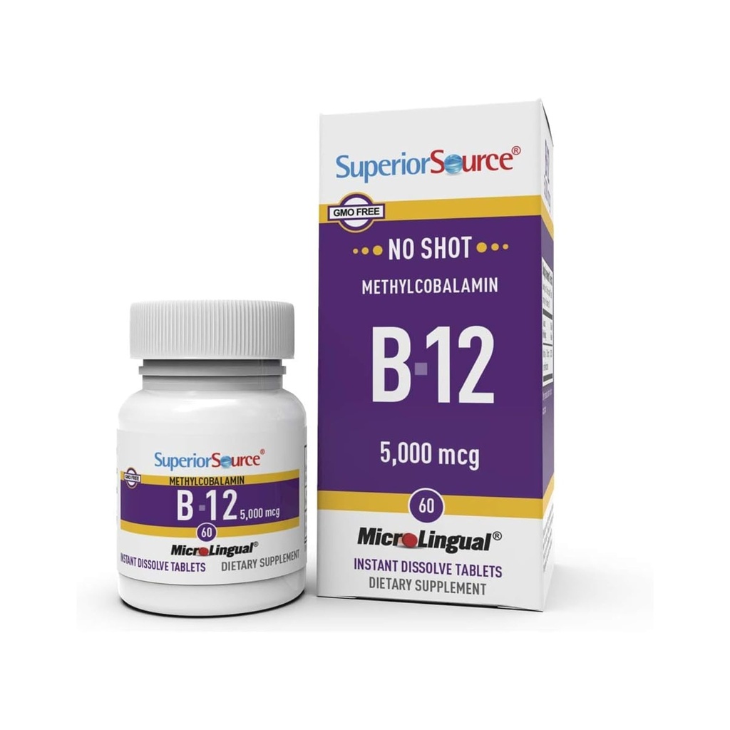 Superior Source No Shot Methylcobalamin B-12 5000 mcg - Βιταμίνη B-12 για την υποστήριξη της παραγωγής ενέργειας, της υγείας του εγκεφάλου και της γενικής ευεξίας - Υπογλώσσια δισκία για γρήγορη απορρόφηση - 60 δισκία διάλυσης