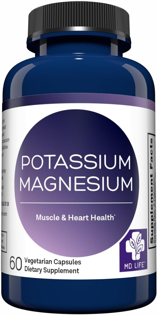 MD. Life Potassium Magnesium Supplement - 60 Capsules - High Absorption Magnesium Complex - Potassium Supplement to Support Vascular Health & Leg Cramp