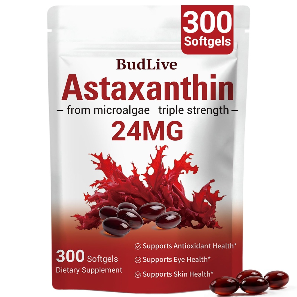 Astaxanthin 24mg with MCT Oil - Max Strength Astaxanthin Supplement | Max Strength Astaxanthin ,Fresh Microalgae Source,for Eye Health, Skin Care & Immune Support - 300 Softgels