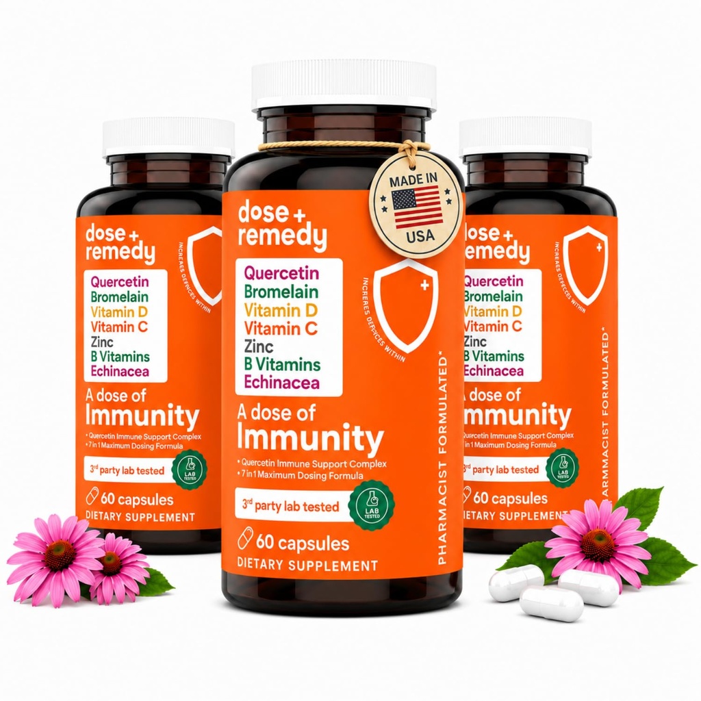 Dose of Immunity Immune Support Supplement & Booster for Adults Zinc 180ct | 7-in-1 immune system support: Quercetin, Bromelain, Vitamin C, D3, Zinc, Echinacea & B Vitamins. Vegan, non-GMO, made in USA