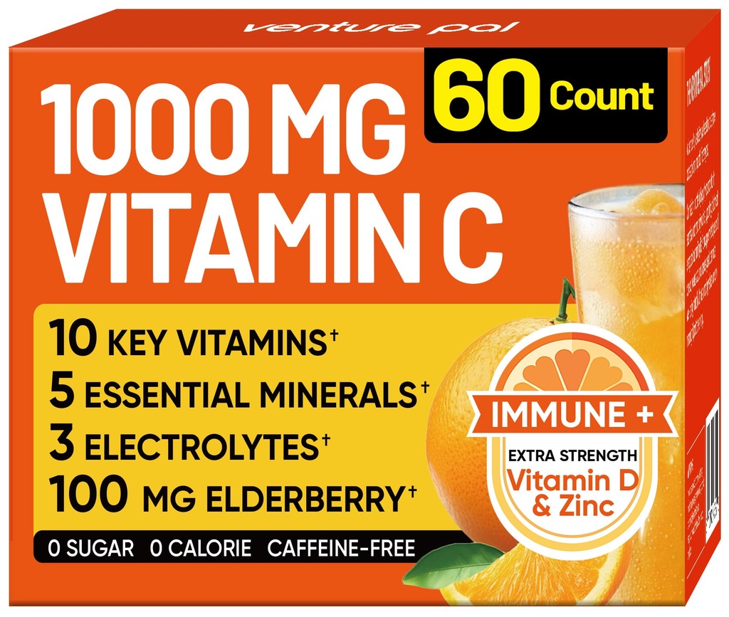 Venture Pal 1000mg Vitamin C Powder with Zinc, Elderberry, Sugar Free | B Complex, 10 Vitamins, Minerals & Electrolytes, Vitamin C Supplements for Emengency Immune & Energy Support, 60 Packets