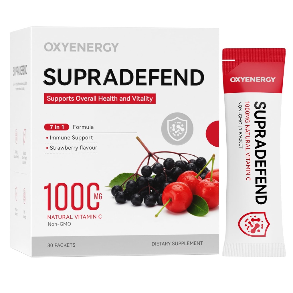OxyEnergy 7 in 1 Immune Support Powder, 1000mg Vitamin C with Zinc, Elderberry, Probiotics, Yeast Beta-Glucan, Daily Immune Defense & Vitality Support Drink Mix, 30 Stick Packs, Strawberry