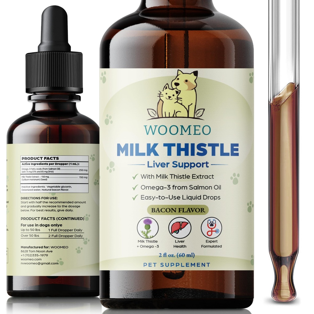 Milk Thistle for Dogs – Liver Support Liquid Drops with Omega-3 from Salmon Oil – Dog Liver Supplement for Detox & Overall Wellness – 2 fl oz (60 mL)
