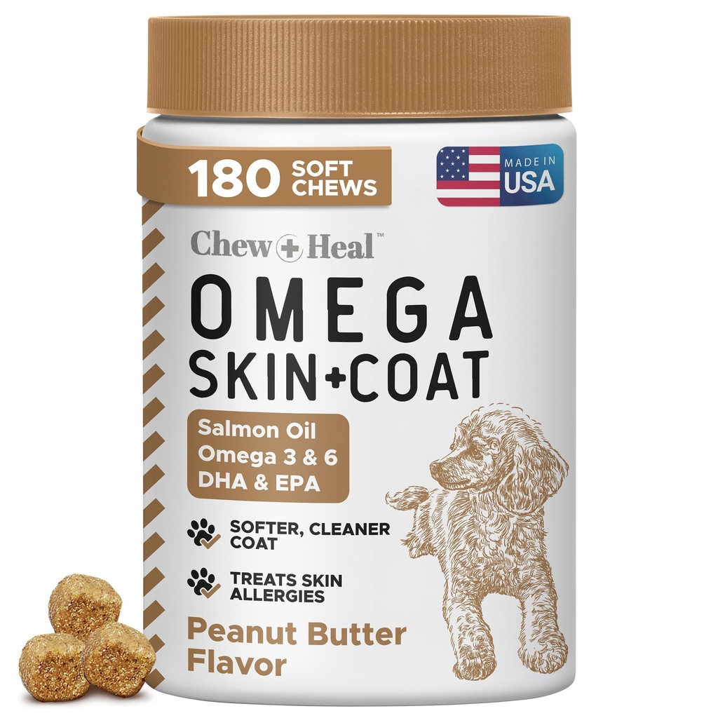 Omega 3 Fish Oil for Dogs, Peanut Butter - 180 Soft Chews for Skin and Coat | For Shedding & Hot Spots - Skin and Coat Supplement - Salmon Oil, EPA, & DHA - Allergy Chews - Made in USA