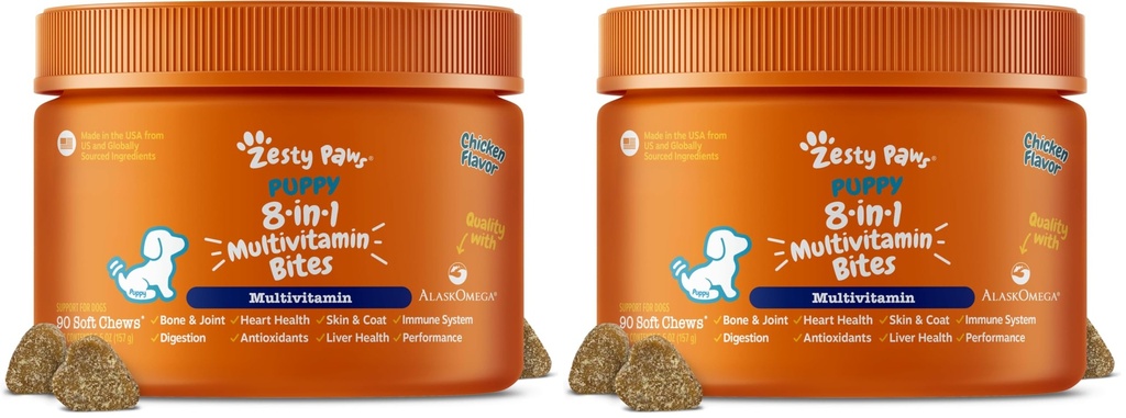 Zesty Paws Dog Multivitamin, Chewable Dog Vitamins and Supplements for Hip & Joints, Skin & Coat, Omega 3 Fish Oil for Dogs- Puppy Multivitamin - Chicken Puppy Bites- 90ct (Pack of 2)