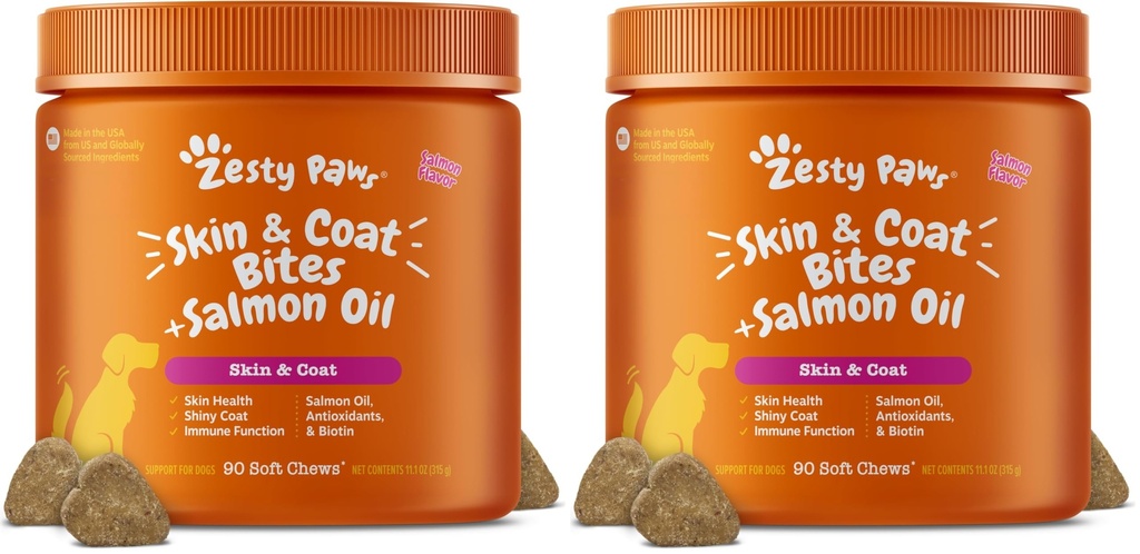 Zesty Paws Salmon Oil for Dogs Skin and Coat, Omega 3 Fish Oil Chews, Dog Allergy Relief Chews, Itch Relief Supplement, 90 Count, Salmon Flavor (Pack of 2)