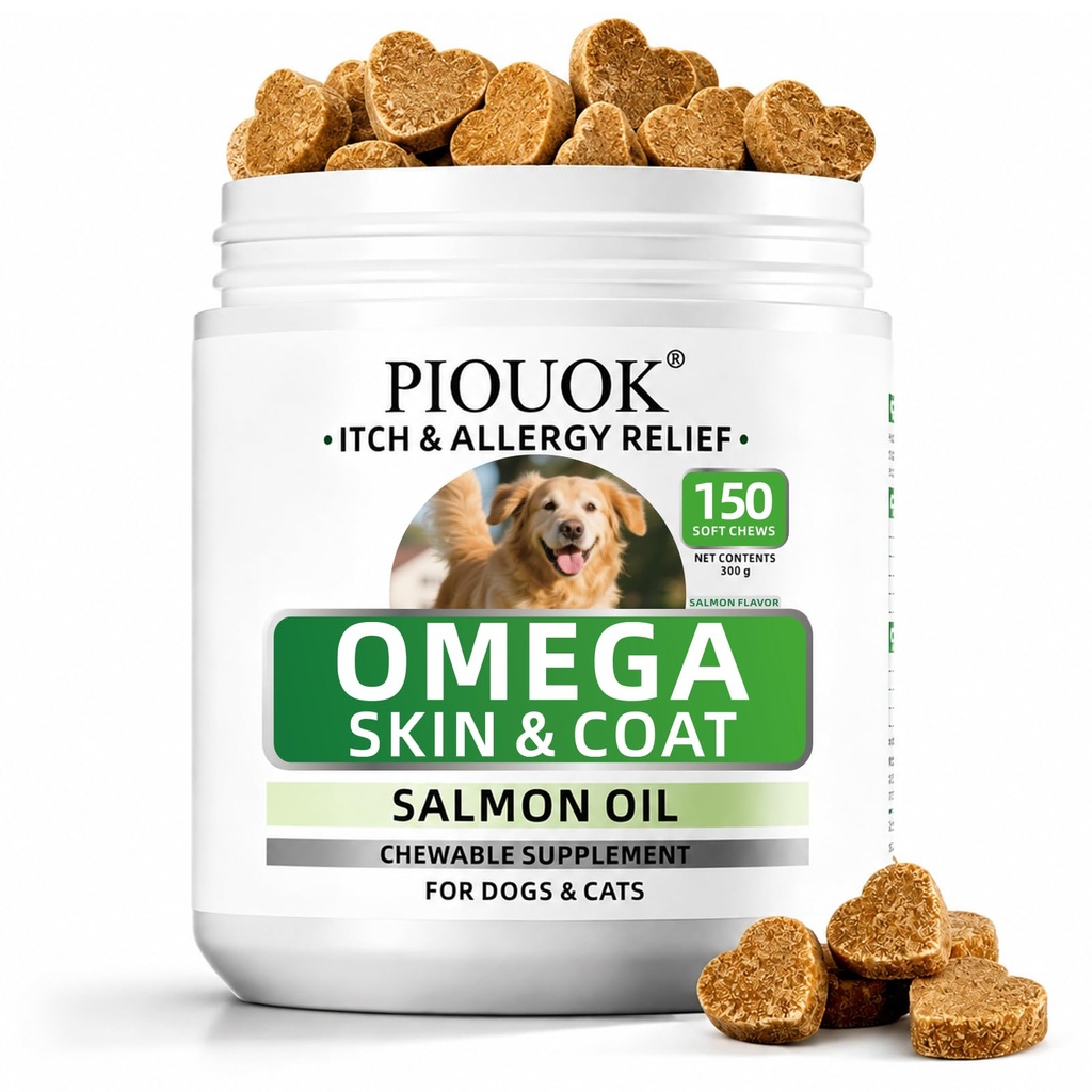 Omega 3 Fish Oil for Dogs, Salmon Oil Joint Health Skin & Coat Supplement with EPA DHA Vitamins for Itching, Shedding Hot Spots & Allergy Support Pet Wellness, 150Ct Dog Allergy Chews