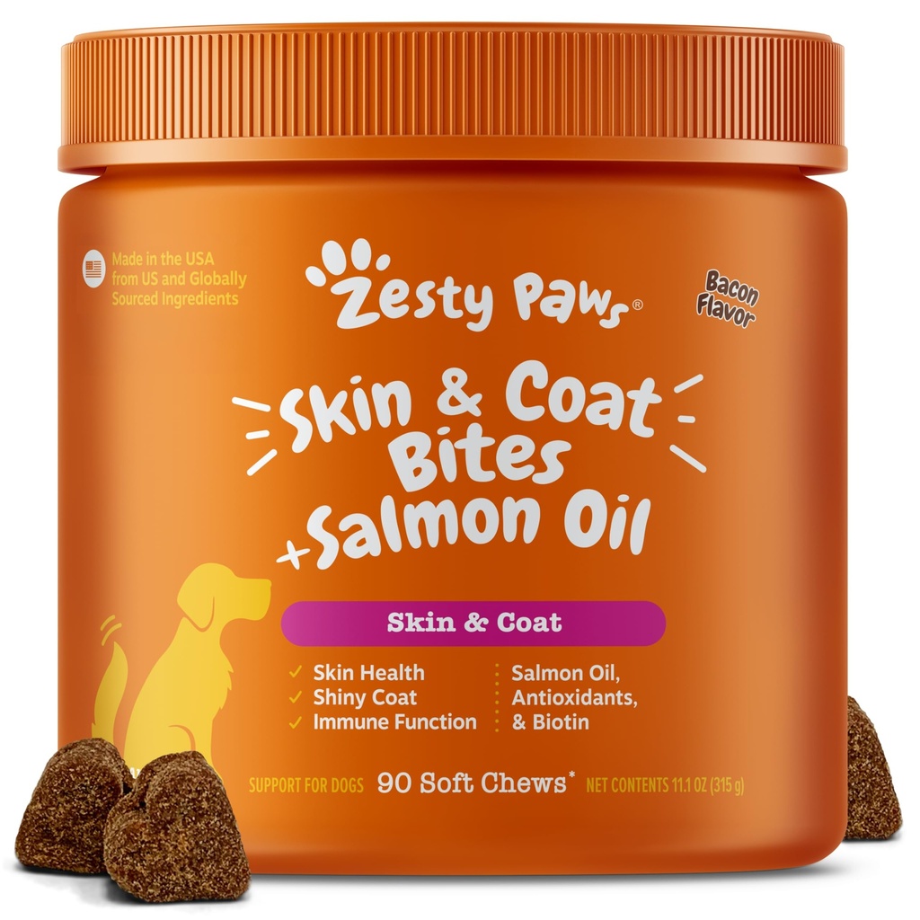 Zesty Paws Salmon Oil for Dogs - Skin & Coat Chews, Bacon, 90 Ct