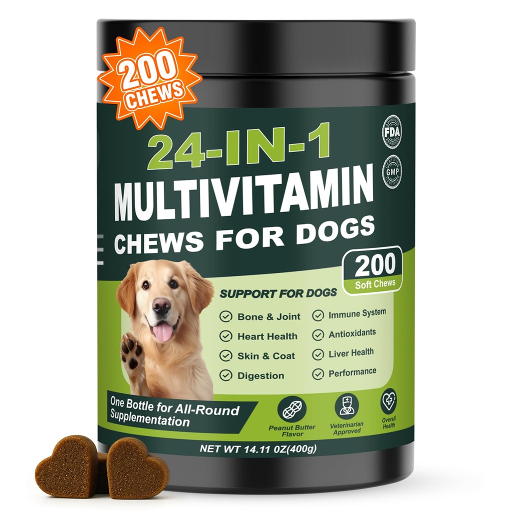 24-in-1 Dog Vitamins and Supplements 200 Ct Daily Multivitamin for Dogs | Hip & Joint, Skin, Digestion, Immune, Heart, Brain, Eye Health Support with Glucosamine, Probiotics, Omega 3 - Peanut Butter