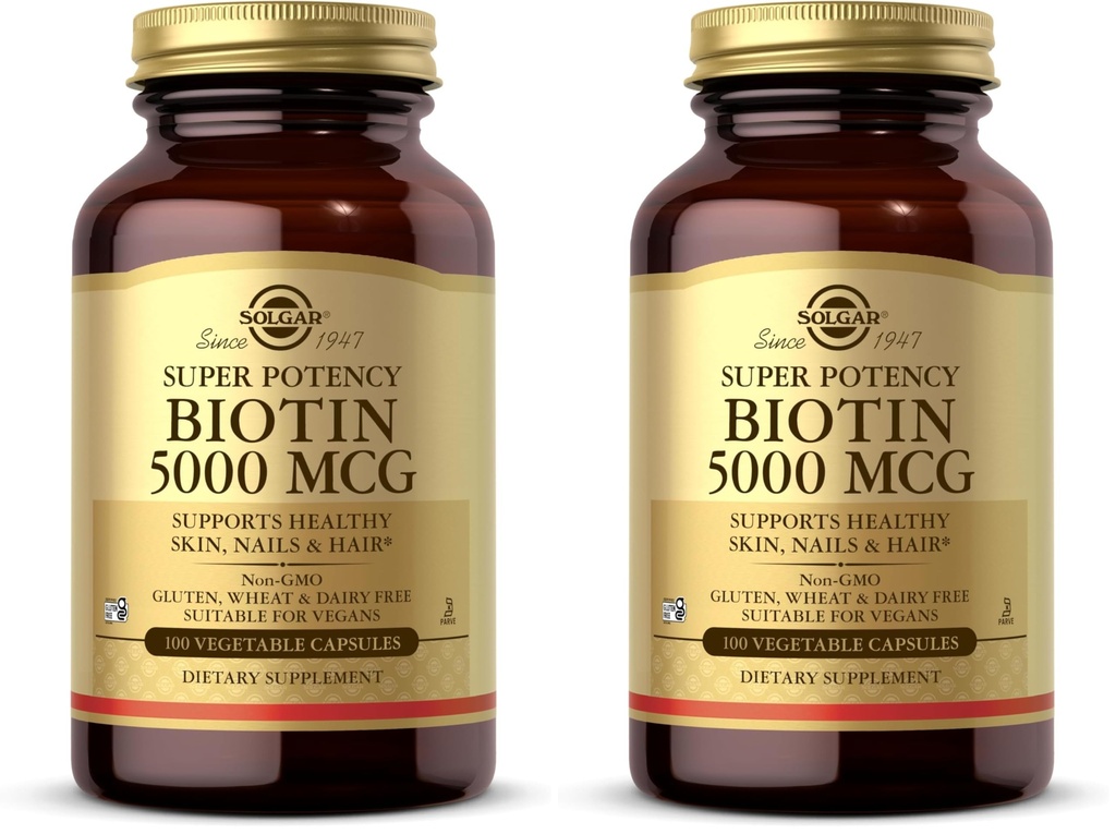 Solgar Biotin 5000 mcg,100 Veg Caps-Promote Healthy Skin,Nails&Hair-Supports Energy Production,Protein,Carbohydrate&Fat Metabolism-Vitamin B-Non GMO,Vegan,Gluten Free-100 Servings,(Pack of 2)