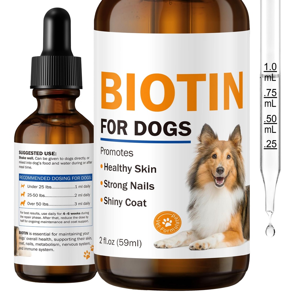 Biotin Supplement for Dogs Healthy Skin and Coat, Improves Brittle Nails | Promotes Comfort from Seasonal Shedding, 2000 mcg, Liquid Biotin for Better Absorption with Collagen and Zinc