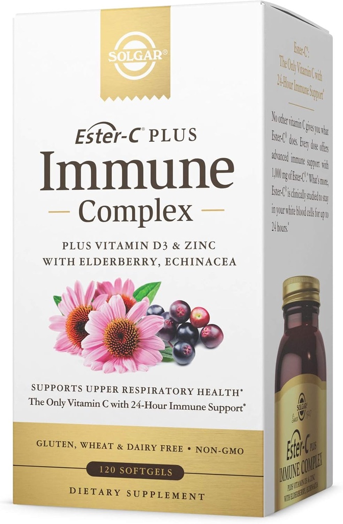Solgar Ester-C Plus Ανοσοποιητικό Συγκρότημα -120 Softgels, 24ωρη Ανοσολογική Υποστήριξη, Υποστηρίζει την Ανώτερη Αναπνευστική Υγεία - Plus D3, Ψευδάργυρος, Elderberry & Echinacea - Μη ΓΤΟ, Χωρίς Γλουτένη, Γαλακτοκομικά Χωρίς - 60 Μερίδες,