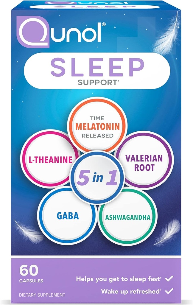 Qunol Sleep Support, 5 in 1 Μη-Habit Forming Sleep Aid, Συμπλήρωμα με μελατονίνη 5mg, Ashwagandha, GABA, Valerian Root, L-Theanine, 60ct Κάψουλες