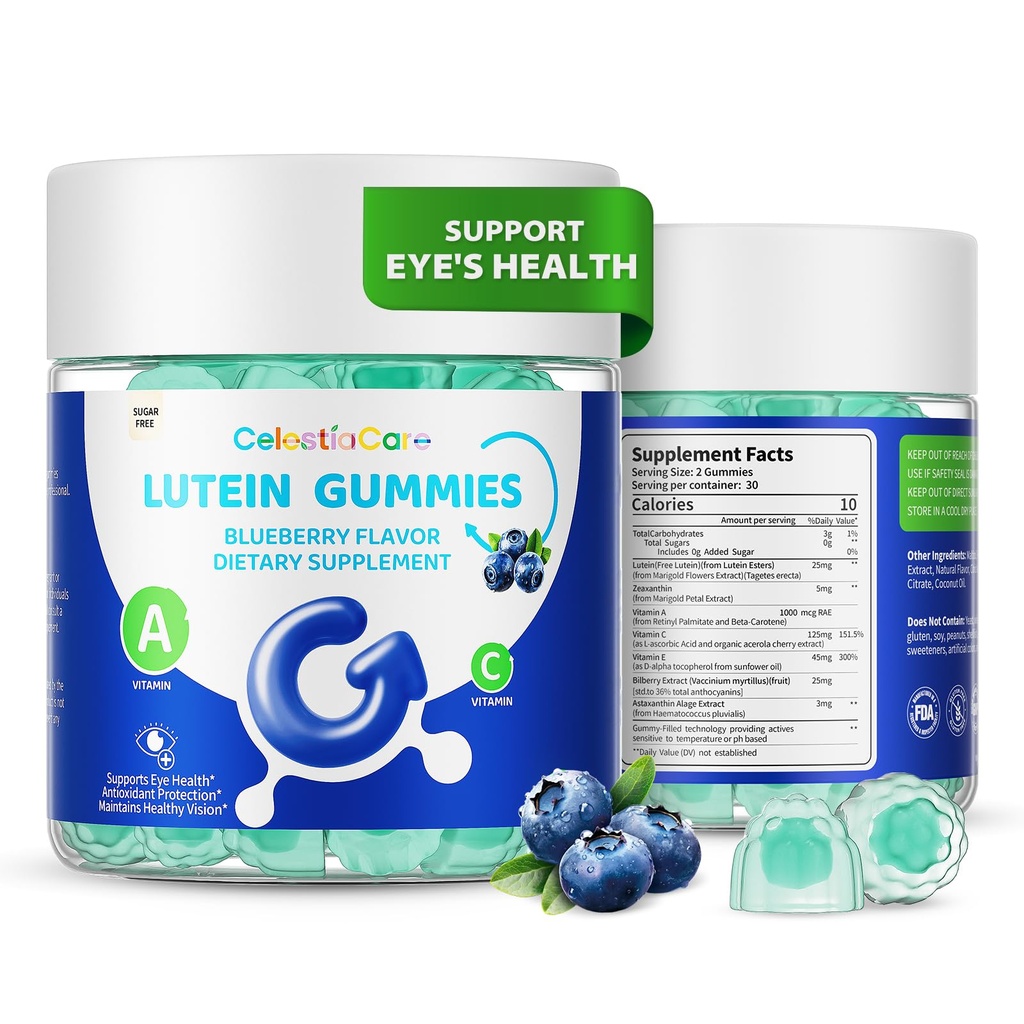 Lutein and zeaxanthin Eye Vitamins Gummies, Bilberry, Astaxanthin, Eye Vitamins for Kids and Adult Vision&Blue Light Support, Overall Eye&Macular Health-60 Count