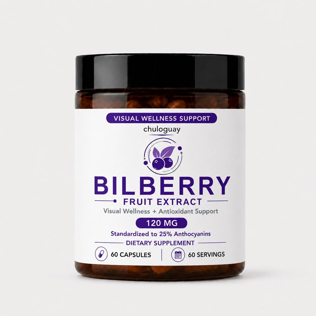 Bilberry Extract 120 mg, 25% Anthocyanins, 60 Vegetable Capsules | Visual wellness and antioxidant support with 30 mg anthocyanins from Vaccinium myrtillus; once-daily formula for adults