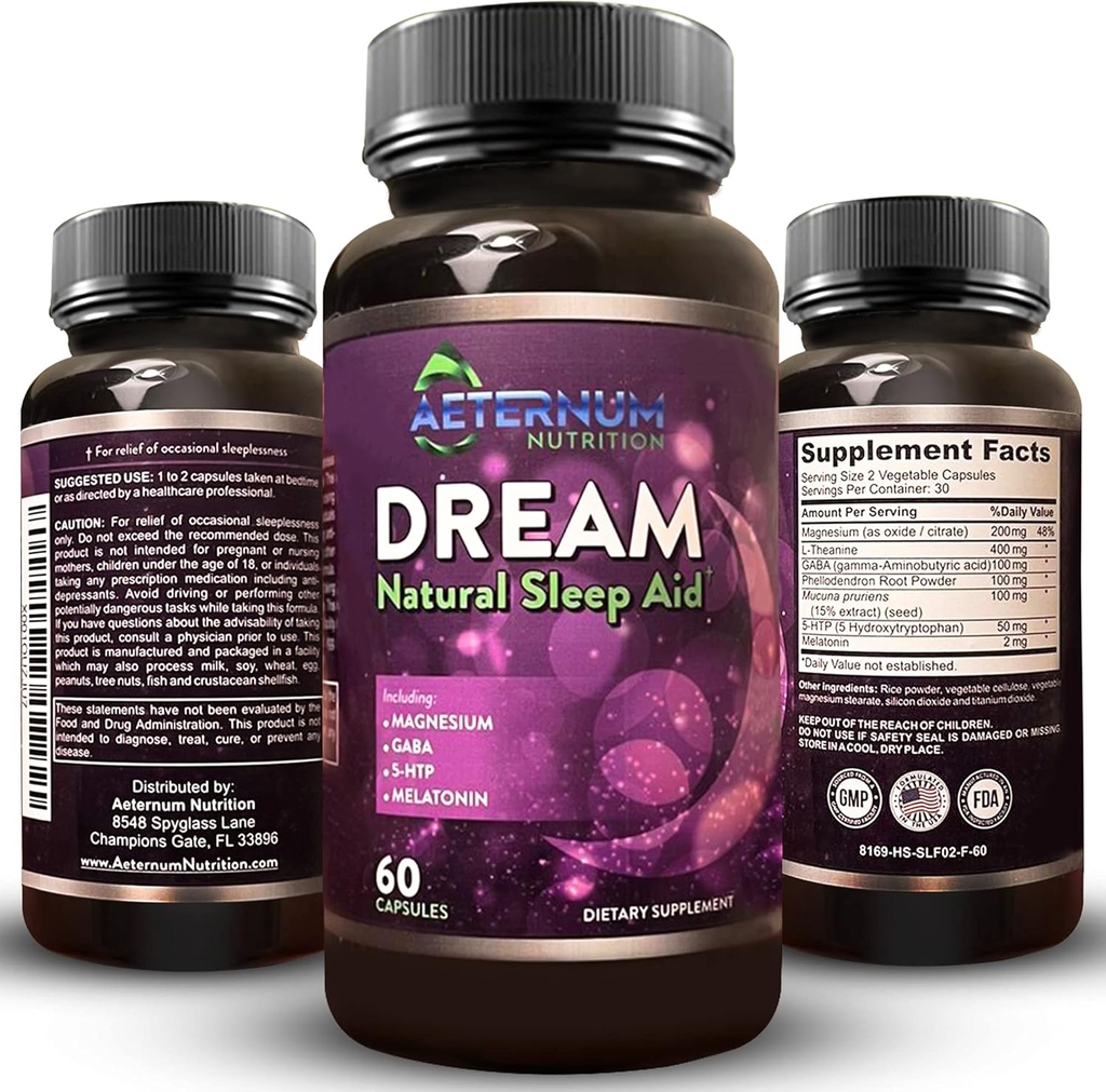 Dream Natural Sleep Supplement for Adults – Relaxing Sleep, Wake Respeed - Μη Συνήθεις κάψουλες Sleep Aid Free from Sugar, Carbs - Μελατονίνη, Μαγνήσιο, 5HTP, L-Θεανίνη, GABA- Non-GMO 60 υπνωτικά χάπια