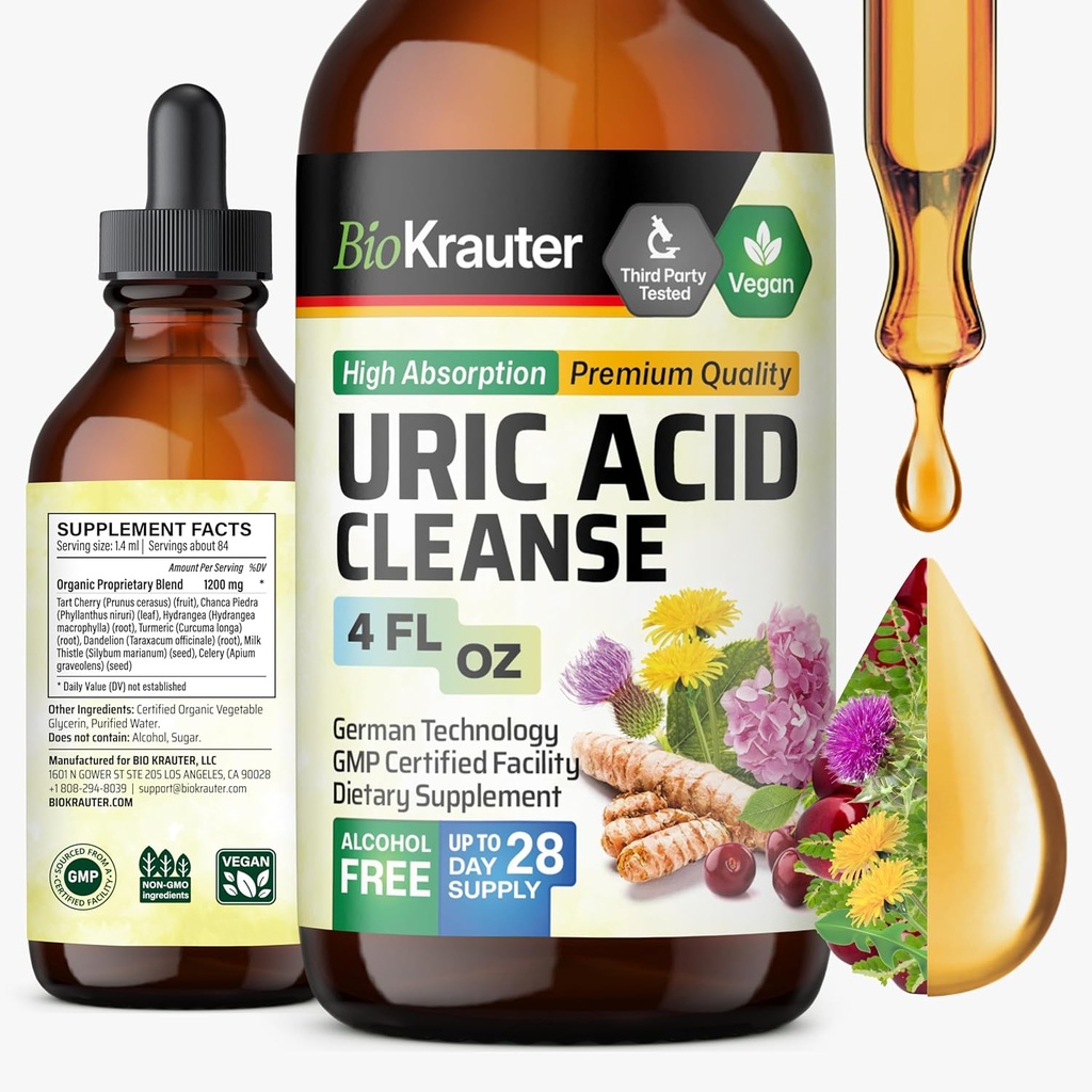 BIO KRAUTER Uric Acid Support Tincture - Φυσικό συμπλήρωμα νεφρών w/Tart Cherry, Γαϊδουράγκαθο γάλακτος, turmeric Herbal Liquid Extracts - Vegan Drops 4 Fl.Oz.