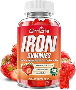 Iron Gummies για γυναίκες, άνδρες & παιδιά, συμπλήρωμα σιδήρου χωρίς ζάχαρη με ασβέστιο, ψευδάργυρο, φολικό & βιταμίνη B12, C, B6 - για κτίριο αίματος & την ενεργειακή υποστήριξη, αναιμία, φράουλα, 60 κόμης