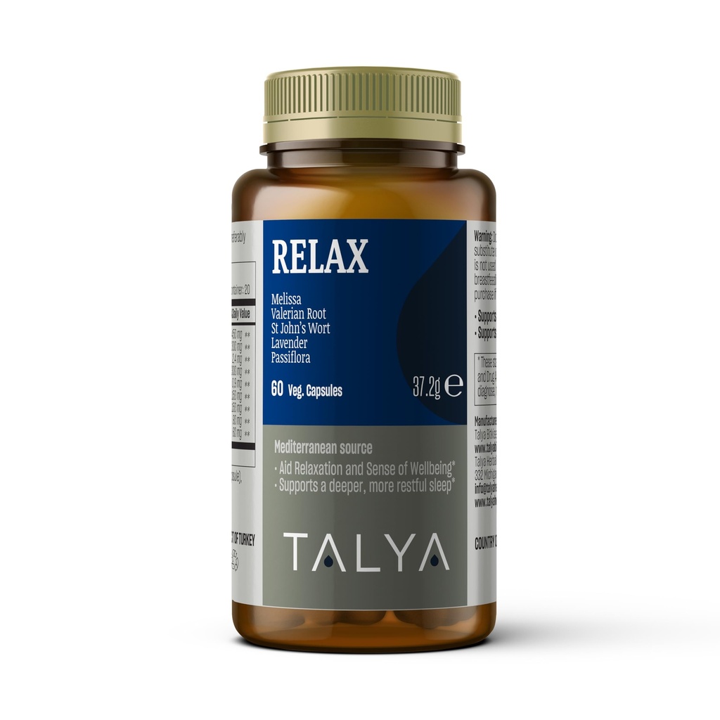TALYA Relax Sleep Support - Blend with Melissa, Valerian, St John’s Wort, Lavender, Passiflora - Vegan, Non-GMO, 60 Capsules- Supports Calm Sleep & Eases Stress