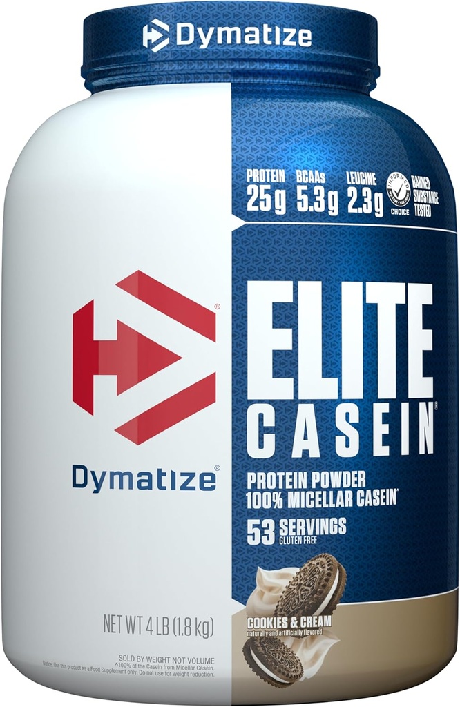 Dymatize Elite Casein Protein Powder, Cookies & Cream, 100% Micellar Casein, 25g Protein, 5.4g BCAAs, 2.3g Leucine, Αργή Απορρόφηση για Overnight Ανάκτηση μυών, 4 lb (53 Υπηρεσίες)