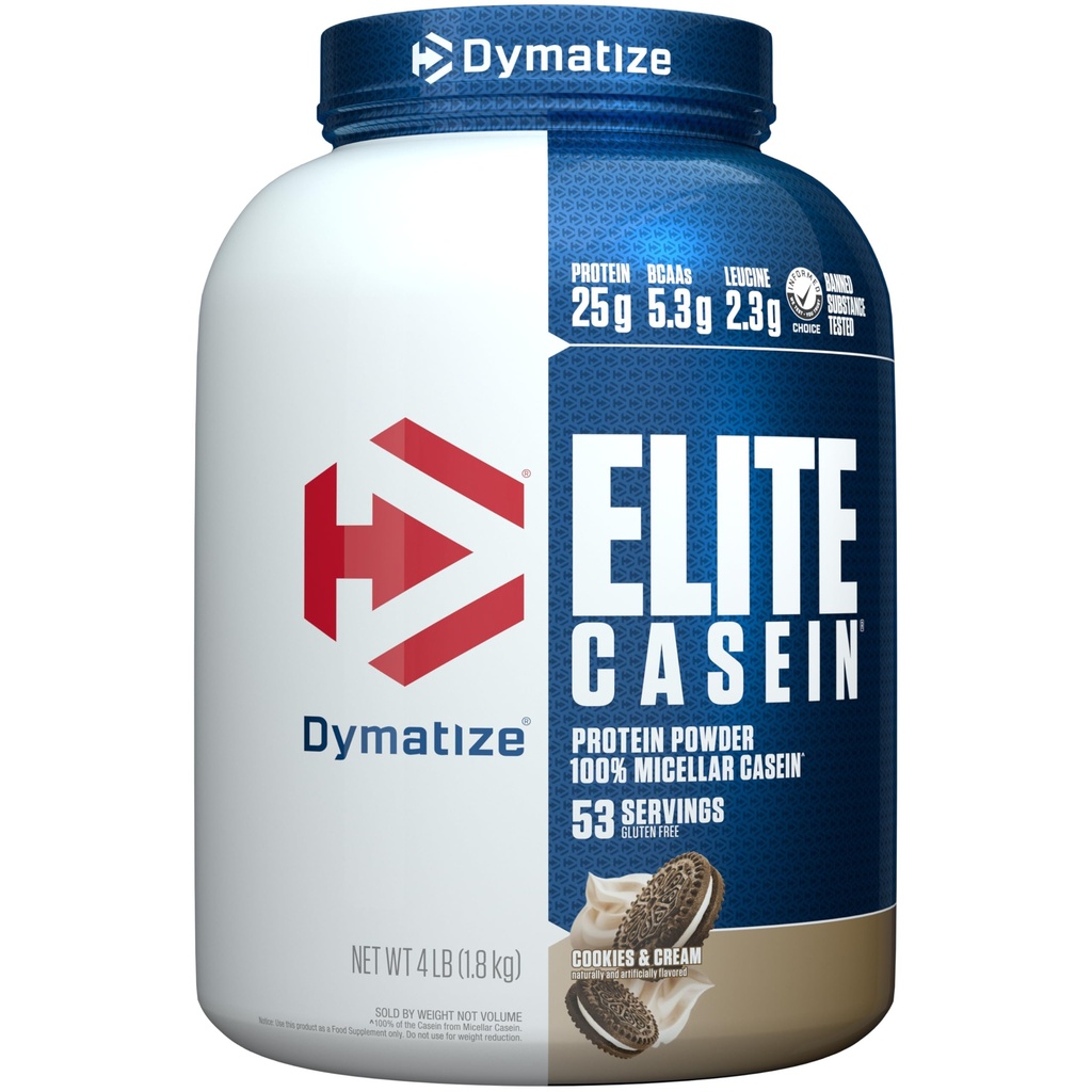 Dymatize Elite Casein Protein Powder, Cookies & Cream, 100% Micellar Casein, 25g Protein, 5.4g BCAAs, 2.3g Leucine, Αργή Απορρόφηση για Overnight Ανάκτηση μυών, 4 lb (53 Υπηρεσίες)